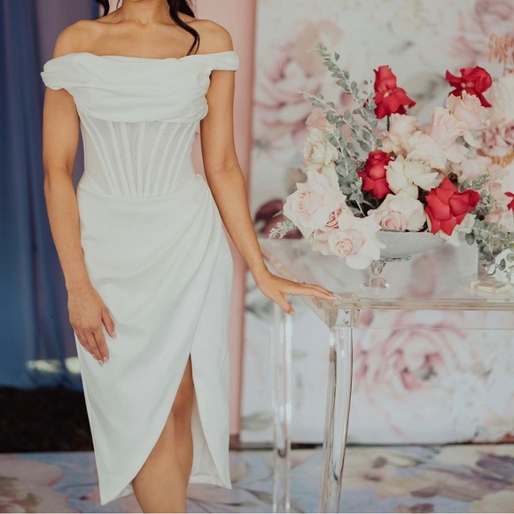 House of CB Ivory Asymmetric Drape MIDI Corset Dress - Picture 8 of 8